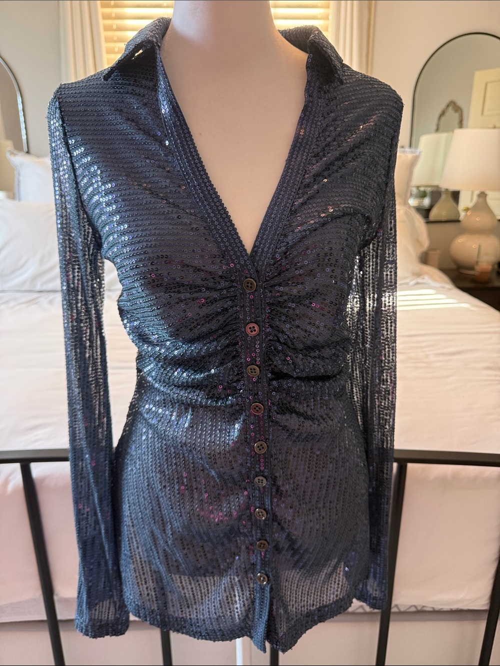 Free People Navy Sequin Button-Down Shirt